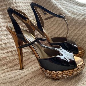 YSL/YVES SAINT LAURENT - VINTAGE GOLD BRAIDED-PLATFORM "TRIBUTE" HEELS size 36